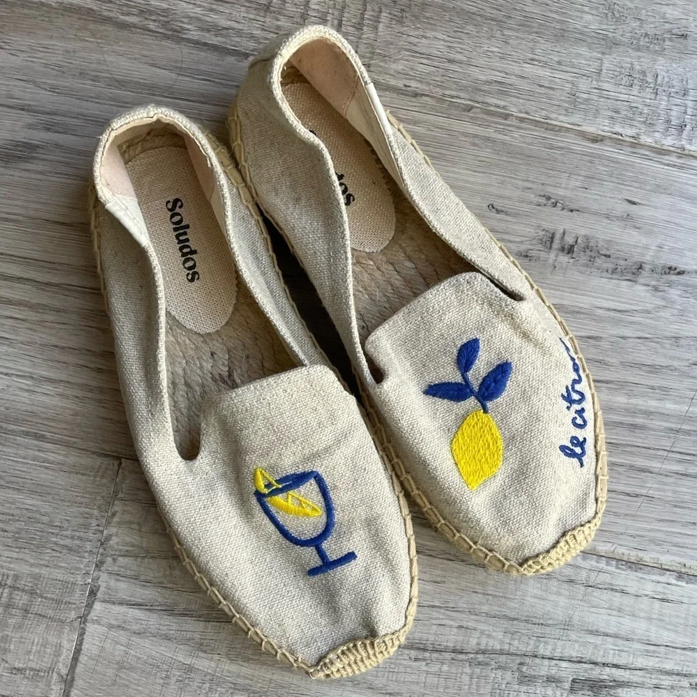 Soludos Limoncello Smoking Espadrille In Sand/Tan  “Le Citron” Embroidery SZ 6